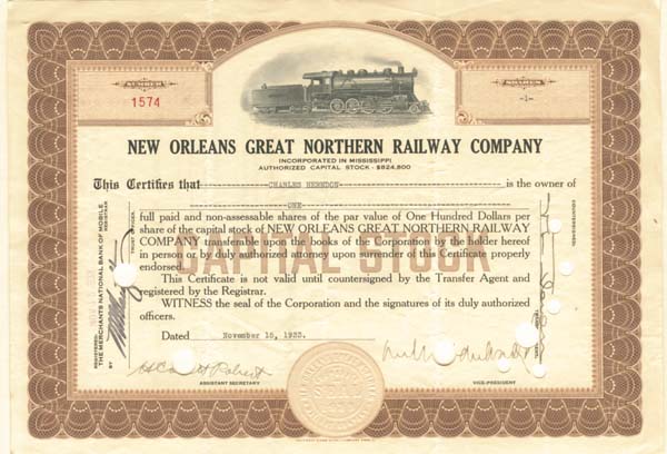 New Orleans Great Northern Railway - Stock Certificate